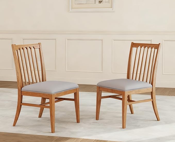 chairus Upholstered Kitchen Chairs Set of 2, Natural Wooden Barrel Dining Chairs with Slat Back Double-Layer Cushion Farmhouse Accent Chairs for Dining Room/Living Room/Restaurant, Chenille Grey