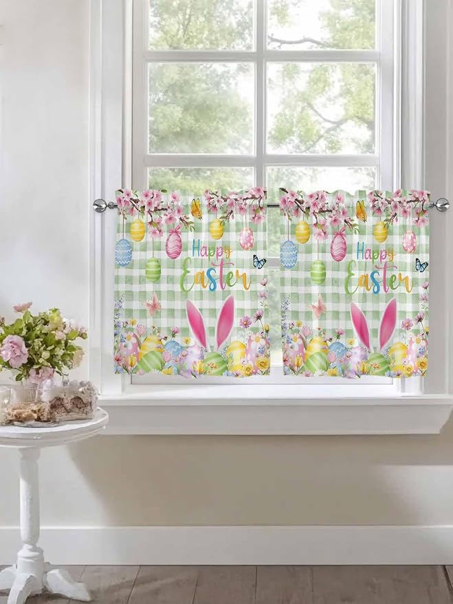 Happy Easter Half Window Curtains 24 Inches Long, Spring Bunny Eggs Flower Sage