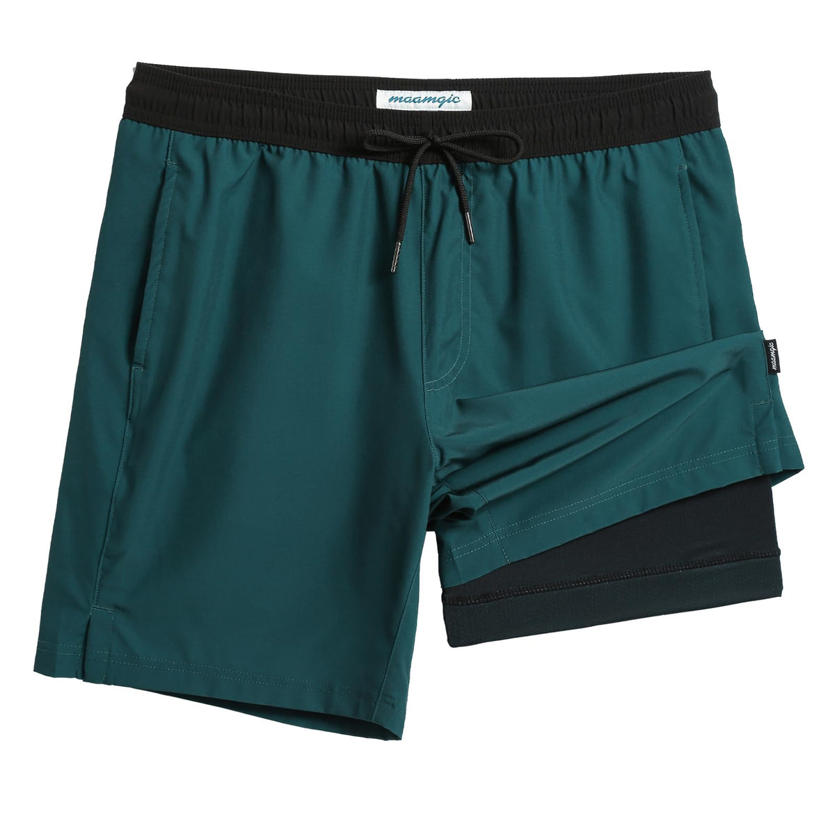 maamgic Mens Swim Trunks with Compression Liner 7 Inch Inseam Mens Bathing Suit Quick Dry Swimming Trunks Swimsuit Reef Green and Black Small