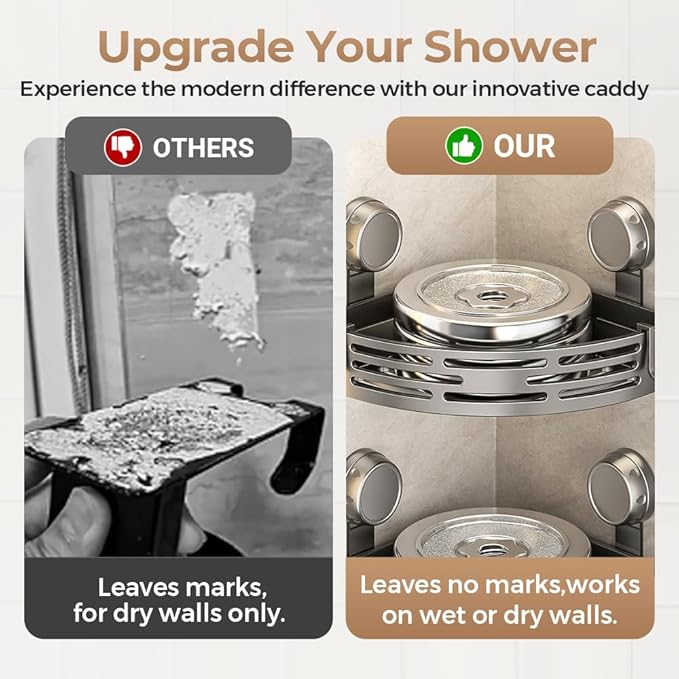 Triangle Suction Cup Corner Shelves, 2026 No Drilling Bathroom Storage Rack, Corner Shower Shelf Suction Cup Shower Caddy Corners Organizer Storage Rack Adhesive with Towel Bar (grey, Double-layer)