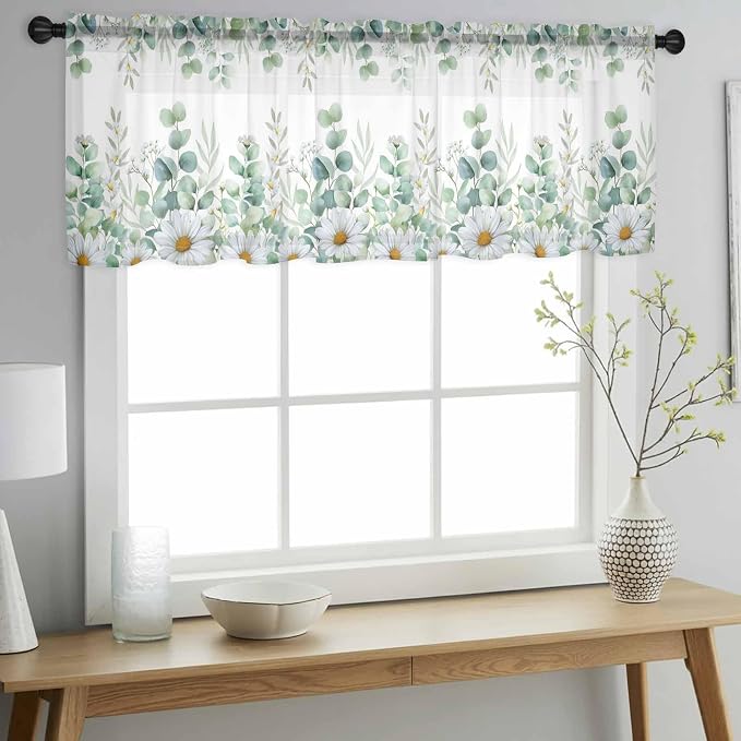 Eucalyptus Leaves Daisy Sheer Valance Curtains, Summer Farmhouses Flower Light