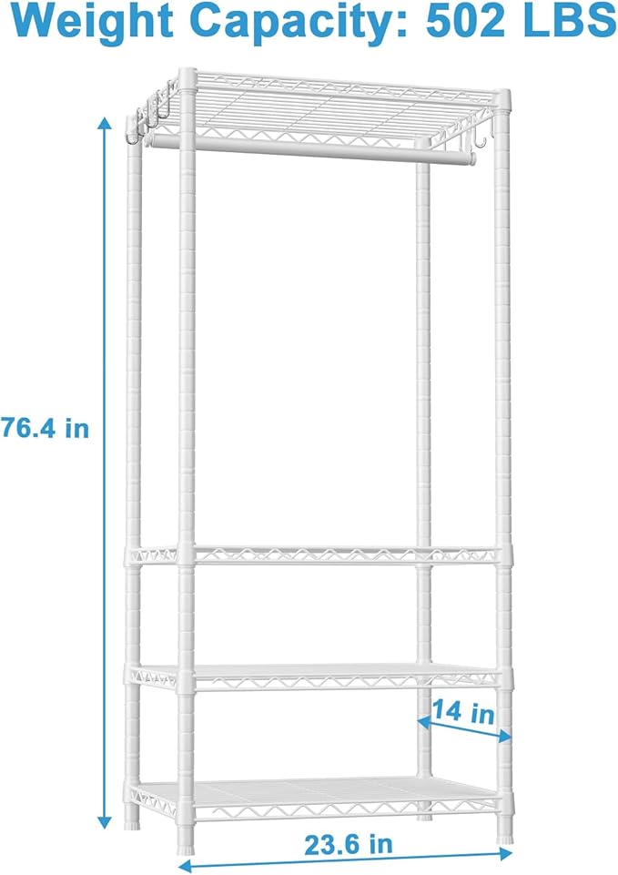 Ulif H4 Mini Portable Closet, 4 Tiers Freestanding Clothing Garment Rack for Small Space, Metal Clothes Wardrobe System for Bedroom, 23.6" W x 14" D x 76.4" H, Load 502 lbs, White