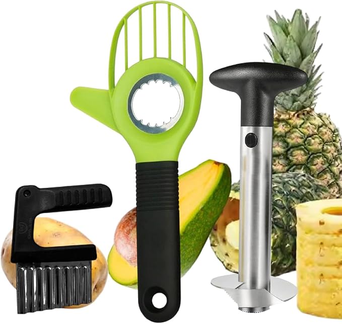 Fruit Prep Tool Set – Pineapple Corer & Slicer + Apple Cutter & Corer + 3-in-1 Avocado Tool | Stainless Steel Kit for Easy Fruit Cutting, Peeling & Saving