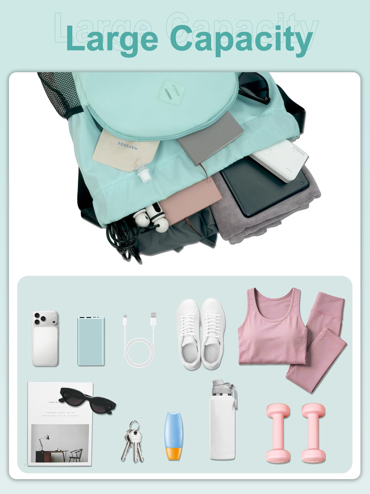 RHDZO Drawstring Backpack Gym Backpack with Shoe Compartment for Men Women String Sports Bag with Wet Pocket Cinch Swim Beach Bag, Large Mint Green