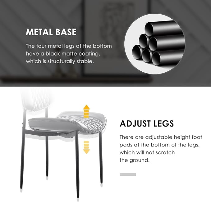 Modern Dining Chairs Set of 6, Leather Dining Chair with Metal Legs, Upholstered Dining Room Chairs for Dining Room, Kitchen, Vanity (Black)