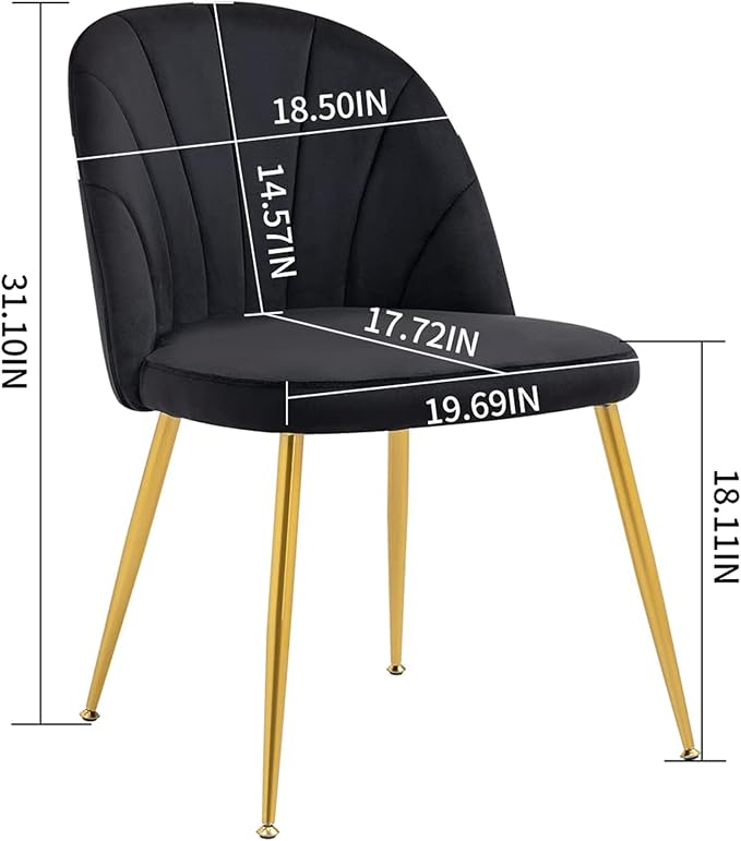 Velvet Dining Chairs Set of 2, Upholstered Mid Century Modern Dining Chairs, Armless Accent Chair with Metal Gold Legs for Living Room, Kitchen, Dining Room, Black