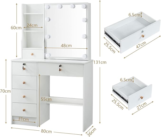 Makeup Vanity with Sliding Mirror and Lights in 3 Colors, Vanity Table with 6 Storage Drawers and Multiple Shelvers, Dressing Table with with Cushioned Stool for Bedroom, White