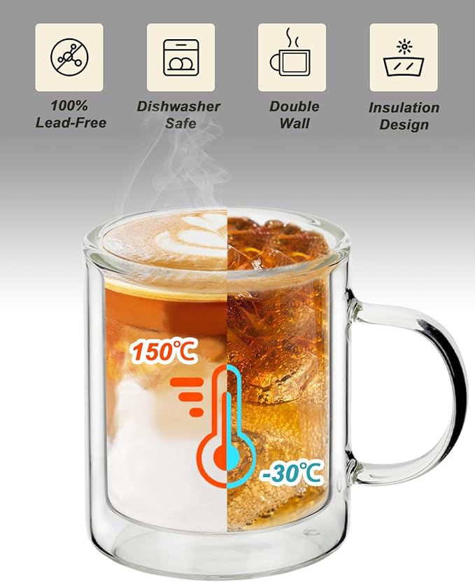 LIBWYS 12oz Double Wall Coffee Mugs (4-Pack) - Insulated Borosilicate Glass Cups with Handle for Espresso, Cappuccino, Latte - Heat Resistant, Dishwasher Safe Hot/Cold Beverage Glasses 350ml