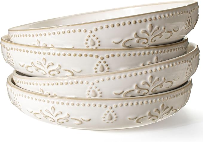 Artena Pasta Bowls, 50oz Large Salad Serving Bowls, 9.75'' Plates Bowls Set of 4, Big White Ceramic Soup Bowls for Kitchen, Embossment Shallow Dinner Bowl, Microwave Dishwasher Safe, Multiple Patterns