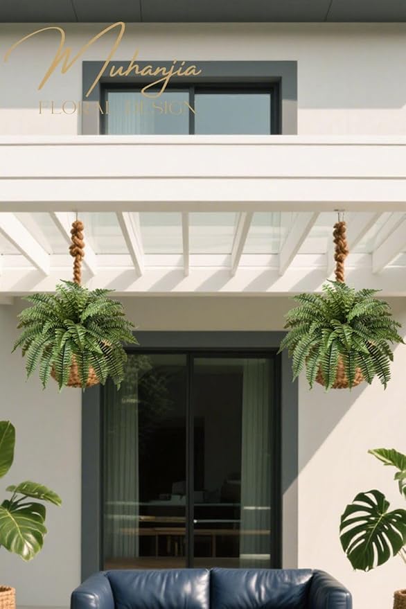 35" Silky Artificial Boston Fern Bush,Set of 2, Fake Fern Large Hanging Plant That Look Real for Outdoors Home Decor,40Branches. (35" 2Pcs40Fronds)