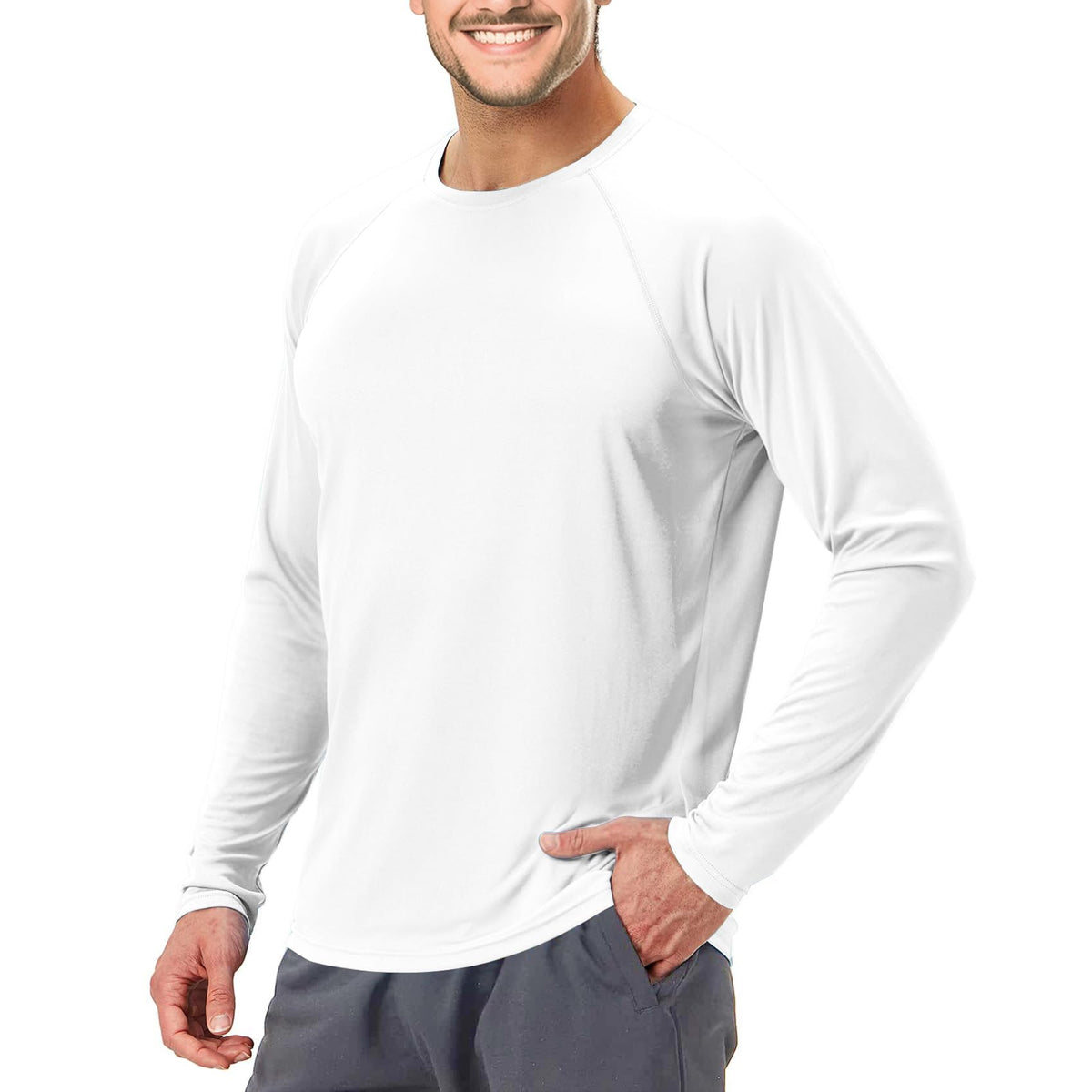 Men's UPF 50+ Swim Shirt Rash Guard Long Sleeve Quick Dry Lightweight SPF Sun Shirts for Hiking Fishing Running White L