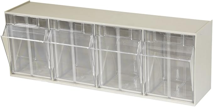Akro-Mils TiltView Plastic Storage Cabinet with 4 Tilt Out Bins, Horizontal Plastic Parts Organizer, Teacher Toolbox, and Office Supply Organizer, 23-5/8" W x 8-3/16" H x 6-3/4" D, Stone