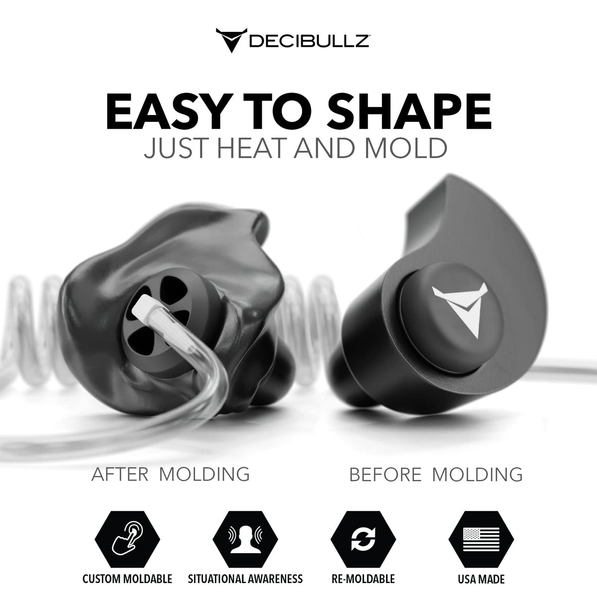 Decibullz Custom Moulded Security Two-Way Radio Surveillance Earpiece Set, Thermo-Fit Designed for Clear Acoustic Tube Radios | Model: +Awareness