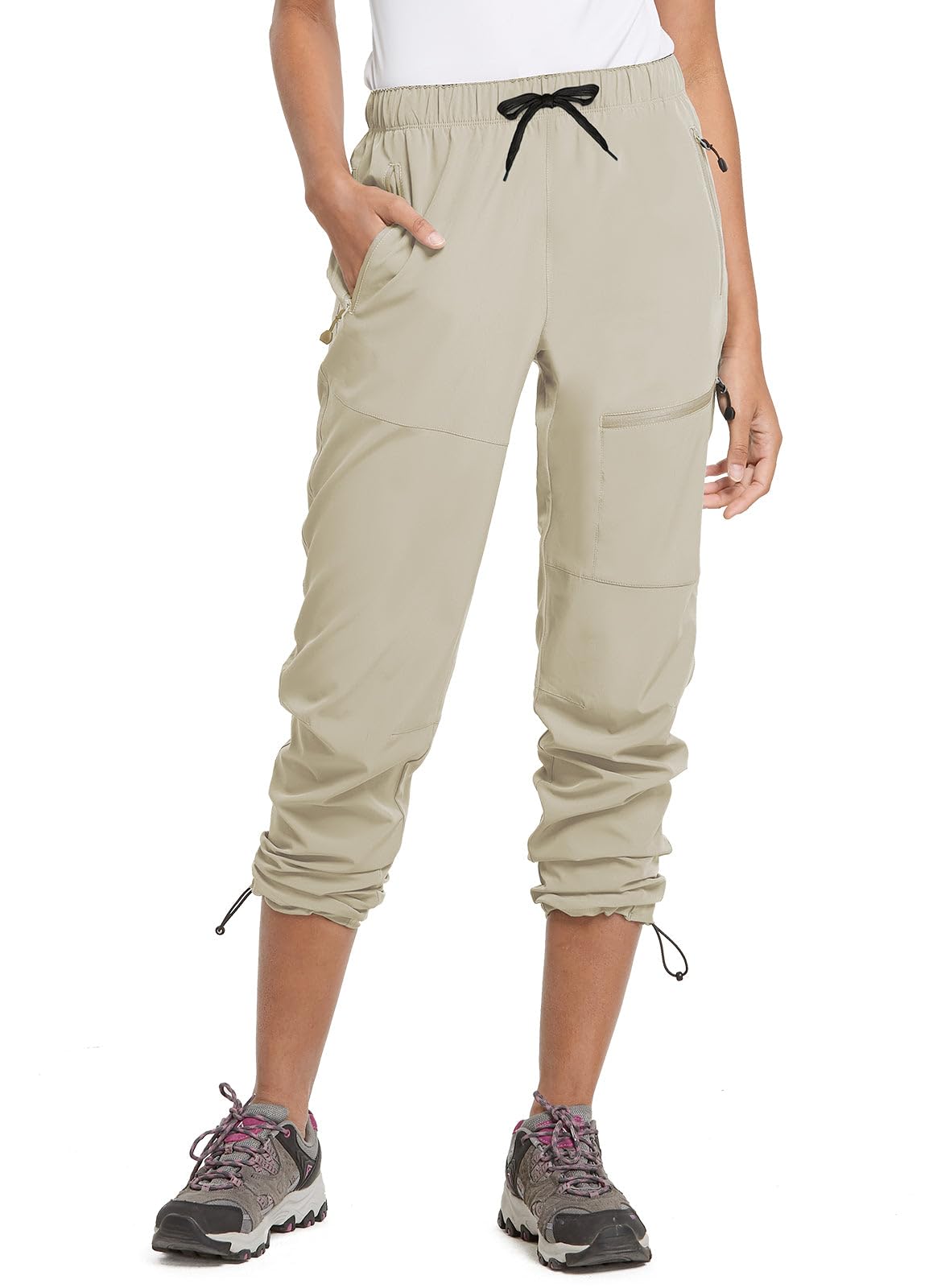 baleaf Cargo Pants for Women Petite Joggers Lightweight Quick Dry Pant Water Resistant 27'' Travel Workout Athletic Suntan Size M