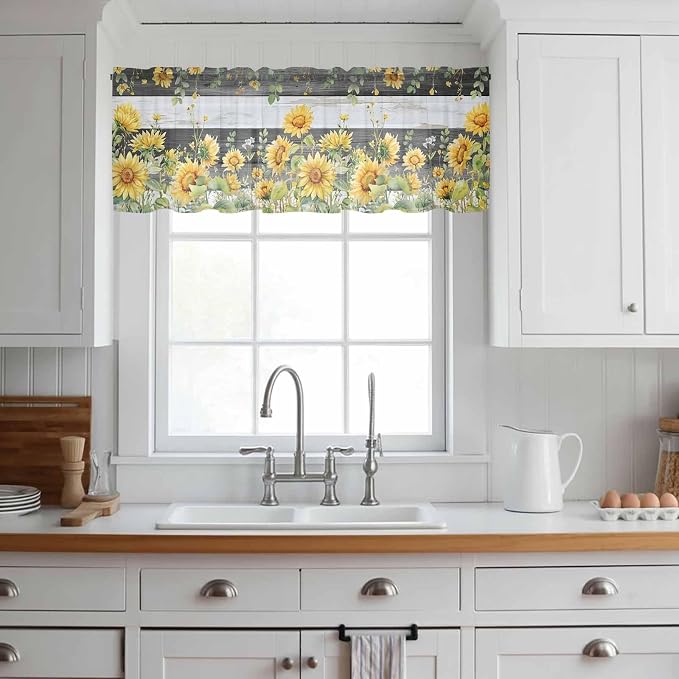 Summer Floral Sheer Valance Curtains, Watercolor Sunflower Eucalyptus Leaves