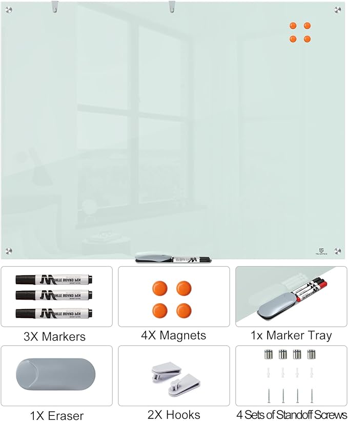 TSJ OFFICE Glass Dry-Erase Board - 48 x 30 Inches Wall Mounted Magnetic Whiteboard, Large Frameless Glass White Board for Office, Home & School