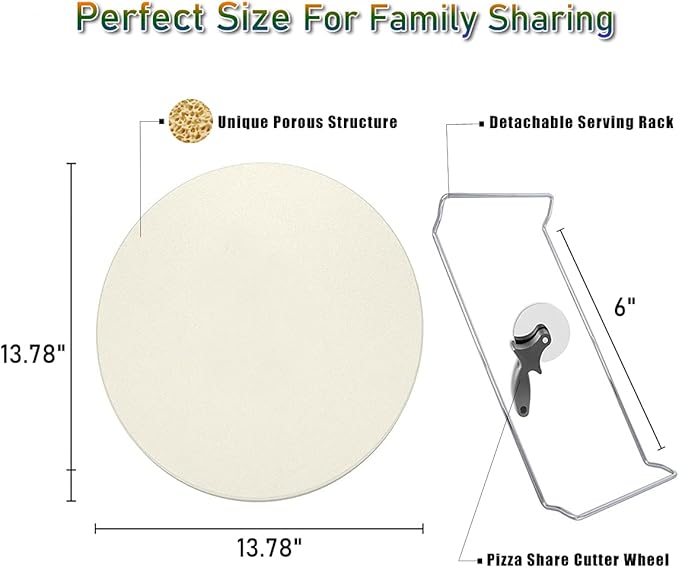 13 Inch Round Pizza Stones for Grill and Oven, Cordierite Baking Stones Set with Serving Rack & Cutter, Durable and Safe Cooking Stone Pan for Bread, Natural Pizza Stone for Family