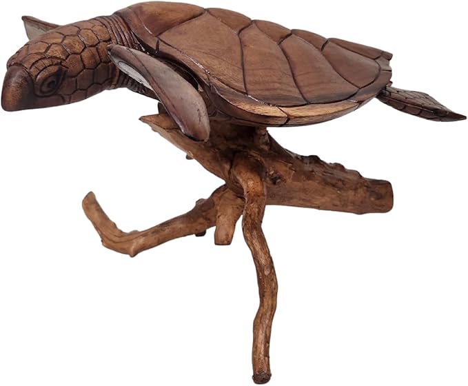 WorldBazzar Beautiful Extra Large Huge Hand Carved Wood Turtle Ocean Coral Statue One of Kind,Brown