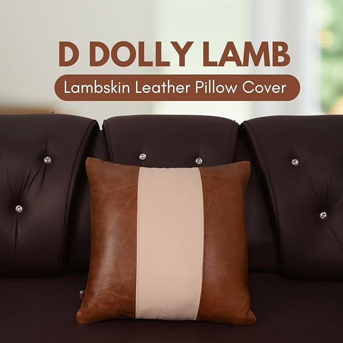 D DOLLY LAMB Lambskin Leather Pillow Cover - Sofa Cushion Case - Decorative Throw Covers for Living Room & Bedroom, 16x16 Inches - Tan & Off - White Plain