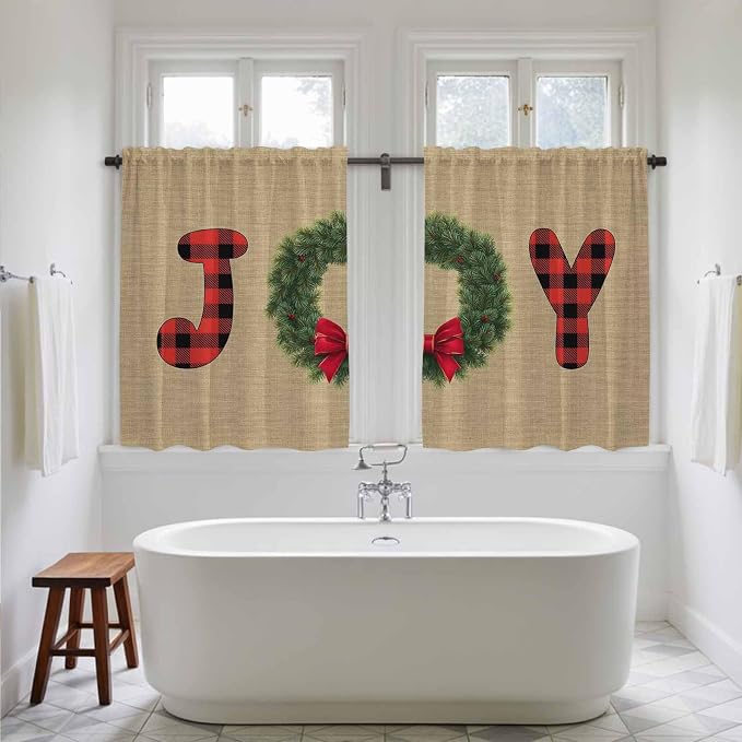 Red Green Christmas Kitchen Curtains 45 Inch Long 2 Panel Set, Rod Pocket