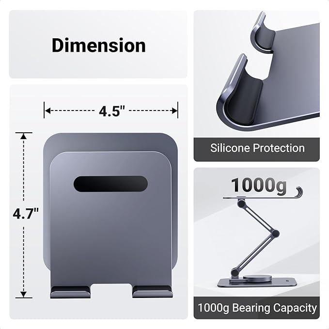 UGREEN Tablet Stand for Desk Swivel with 360° Rotating Base Tablet Holder Aluminum Portable Stand Adjustable Home Office Accessories Compatible with iPad Pro 11 Air Mini 6 5 Grey