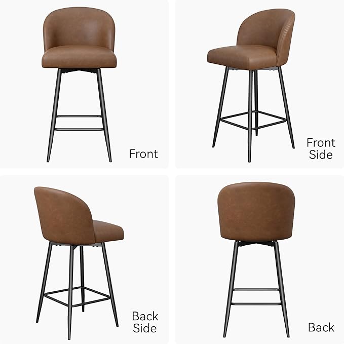 Counter Height Bar Stools Set of 4,360° Swivel Barstools with High Back and Metal Legs,26" Seat Height, Upholstered PU Leather Bar Chairs for Kitchen Island, Dining Room,Cafes,Brown
