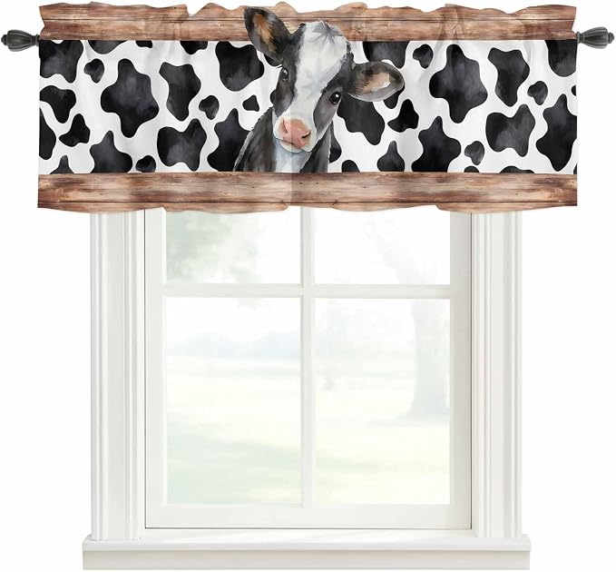 Cow Printed Curtain Valances for Windows, Kitchen Valance Window Treatment