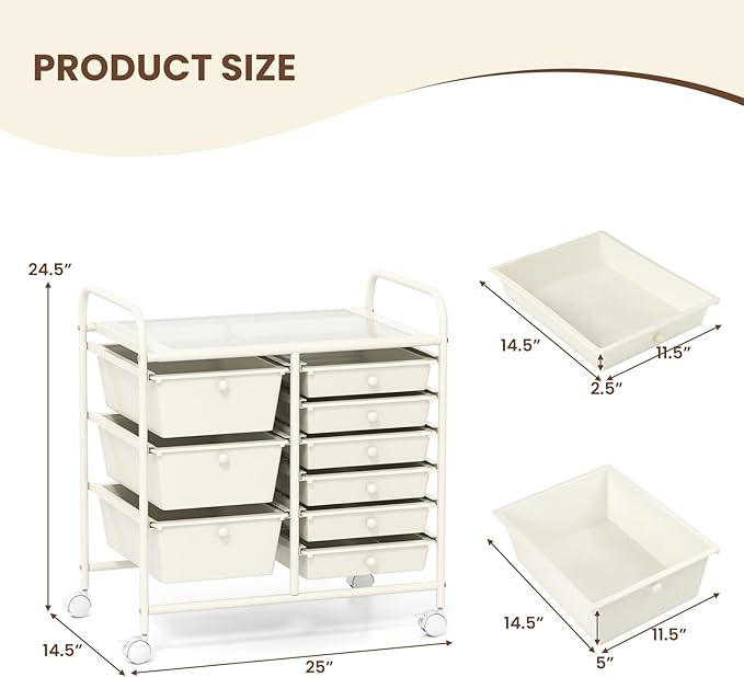 COSTWAY Rolling Storage Cart with 9 Drawer, Mobile Utility Cart with Metal Frame, Art Supply Craft Organizer, Multipurpose Storage Organizer for Paper, Office, School Teacher, Classroom, White