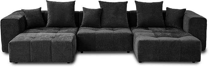 JACH 144.1 Inch U-Shaped Modular Sofa, Mid Century Modern Deep Seat Sectional Couch, 3-Seater Sofas with Chaise Ottomans for Living Room, Cozy Sofas for Apartment, Living Room (Linen Fabric, Black)