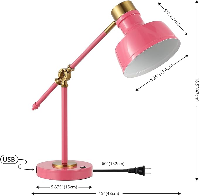 JONATHAN Y 18.5" Pink/Brass Gold Adjustable Cantilever LED Task Lamp with USB Charging Port, Vintage Farmhouse Desk Lamp for Home Office Reading, Metal Shade (JYL7124D)