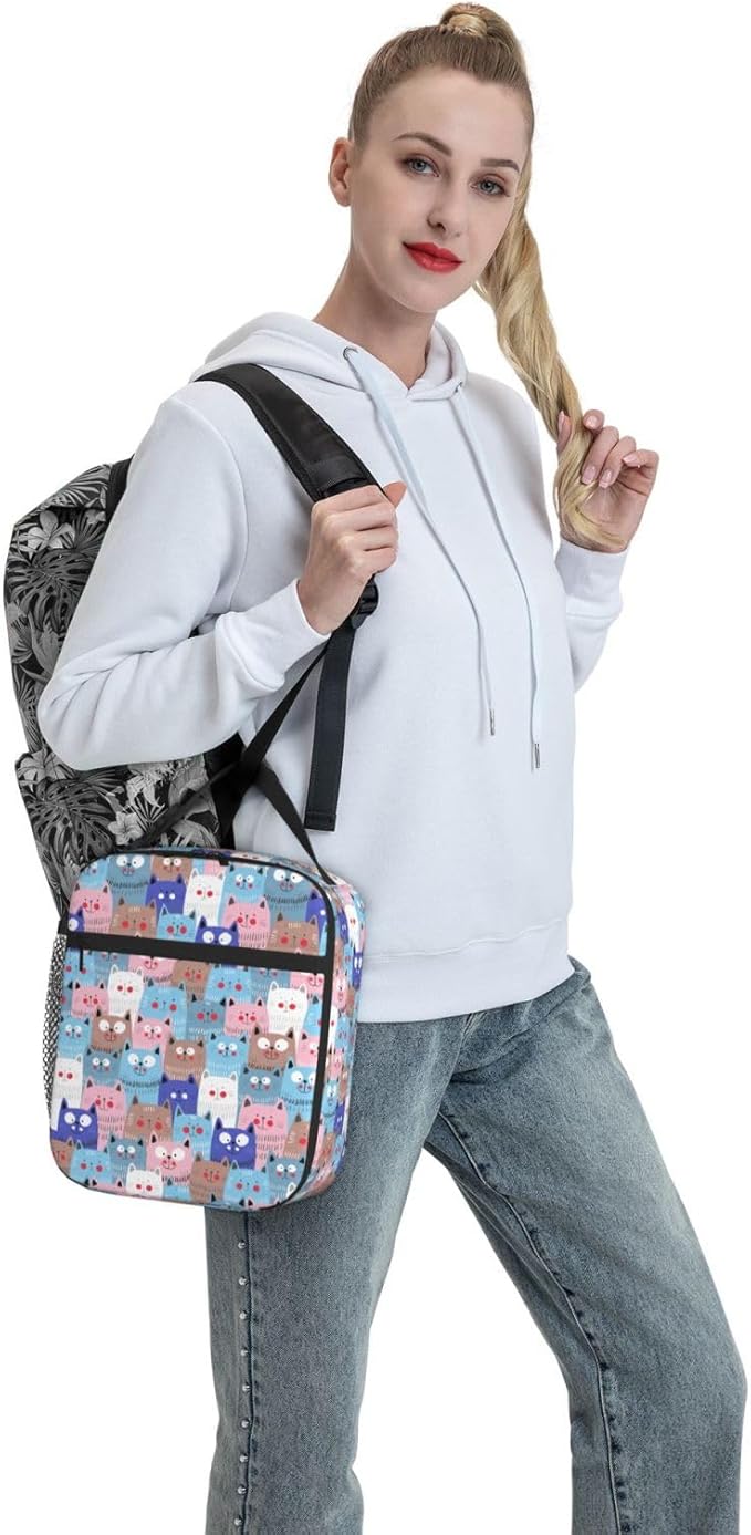 Cute Colorful Cats Insulated Lunch Bag,Kids Lunch Box For Girls Boys Teen,Kid Lunch Box Containers Cooler Bag With Front Pocket For Women Men,Reusable Lunch Tote Bag Lunchbox For School/Work/Picnic