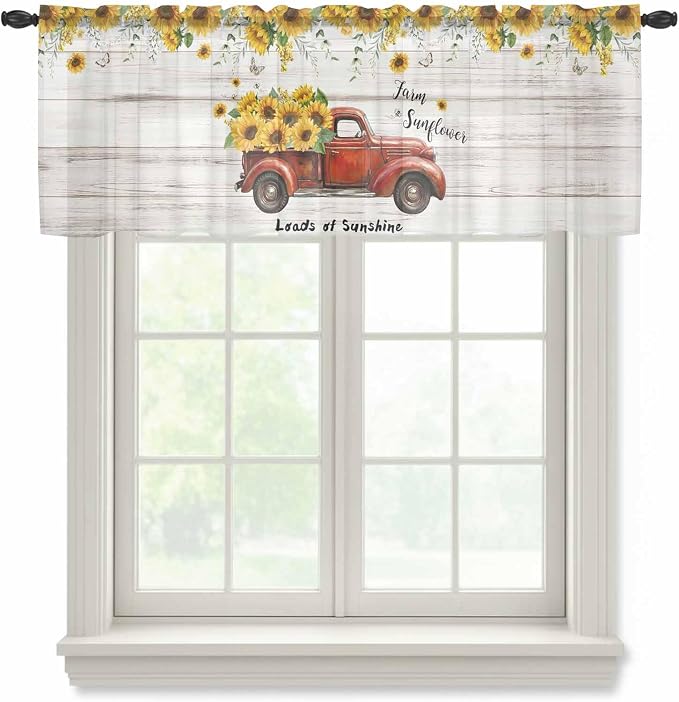 Farmhouses Sunflowers Sheer Valance Curtains, Retro Floral Leaves Red Truck