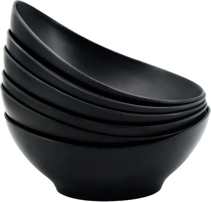 Oval Salad Bowls 34oz, Bamboo Fiber Serving Bowls Set of 6, 8.8" Large Bowls for Kitchen Eating & Restaurant, Deep Soup Bowls Set for Salad, Fruit,Pasta,Vegetable, Ramen, Dishwasher Safe, Black