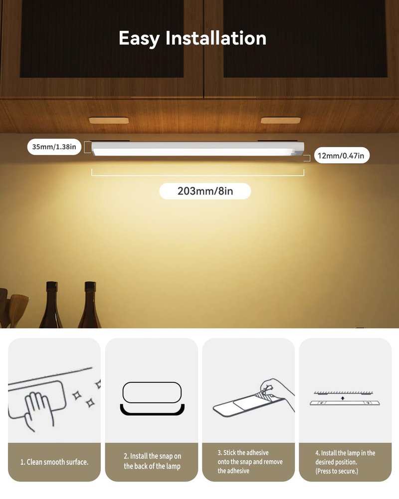 Rihvy Under Cabinet Lighting Wireless, 3 Packs Rechargeable Motion Sensor Light Indoor Disassembled, 3 Color Temps Closet Light Stick on, 8 Inches Under Counter Lights for Kitchen, Wardrobe, Bedroom