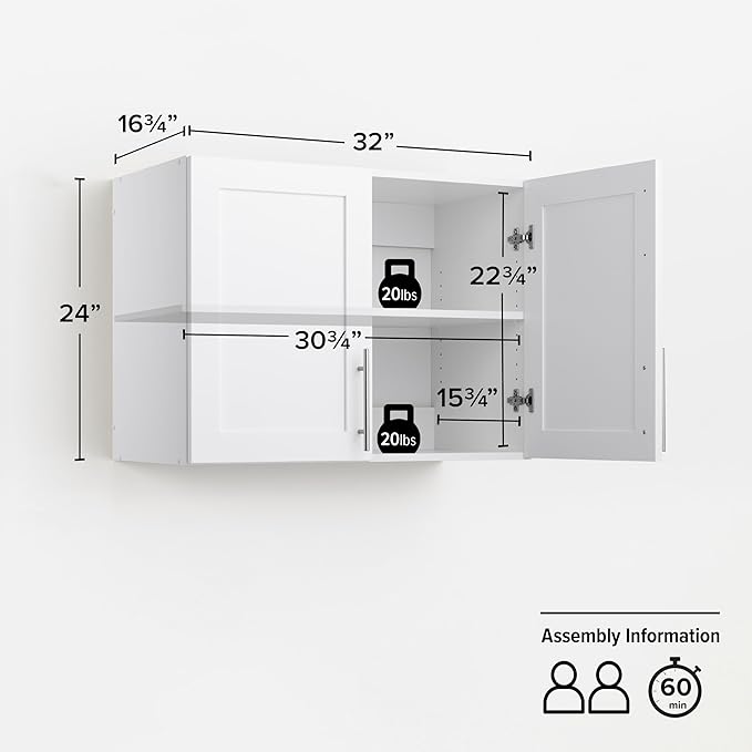 Prepac Elite 24" H Wall Cabinet with Panel Doors, White Storage Cabinet, Bathroom Cabinet, Pantry with 1 Adjustable Shelf 16.75" D x 32" W x 24" H, WSUR-1002-1