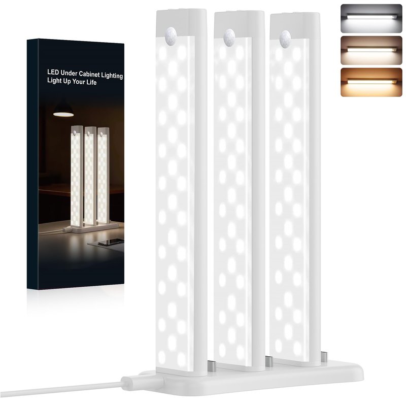 Rihvy 3 Packs Under Cabinet Lighting with Charging Station 8 Inches, Motion Sensor Light Indoor Rechargeable, 3 Color Dimmable Closet Light, USB Led Stick on Under Counter Lights for Kitchen Pantry
