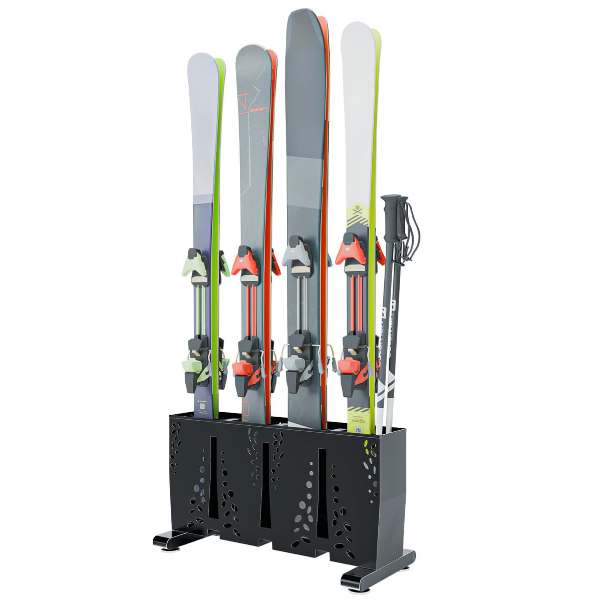 TOCRETOARE Ski Storage Rack for Garage, 4 Pair Heavy Duty Steel Freestanding Ski Storage Organizer, Indoor Ski Holder Racks for Home and Garage Storage