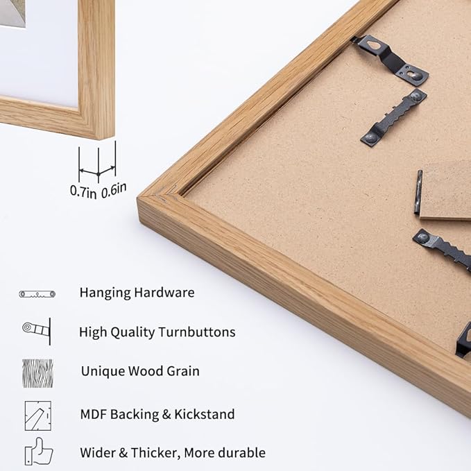 Axeman 8x8 Solid Oak Wood Frame With Mat - 8x8 Picture Frame - Plexiglass & Hanging Hardware Included - Natural