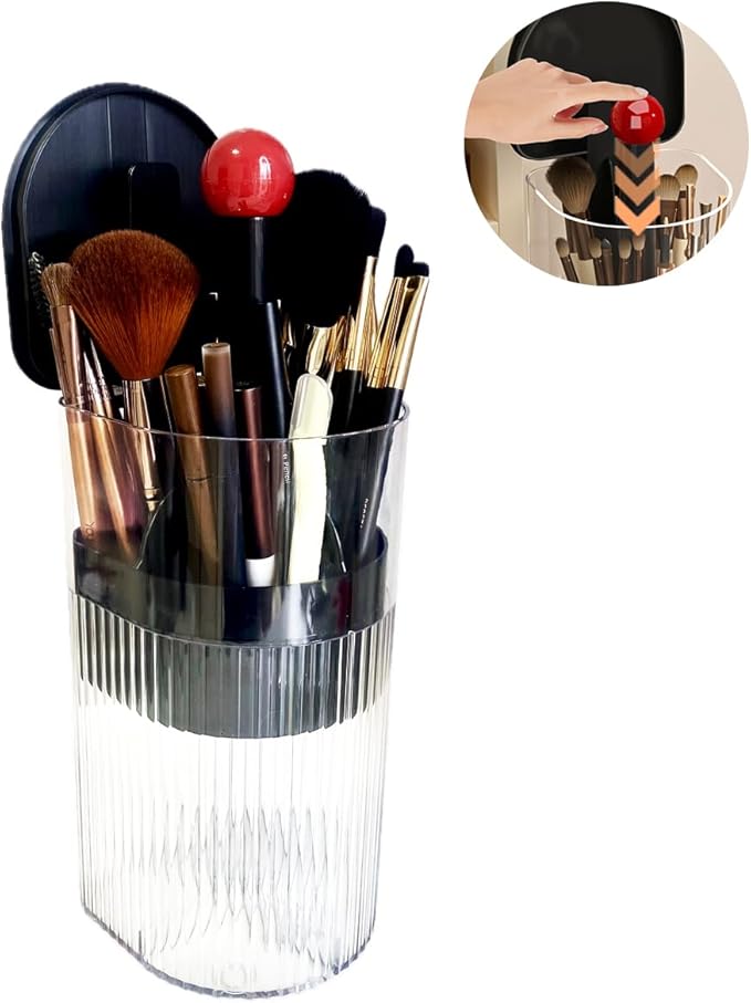 Makeup Brush Holder with Lid, One-Hand Press Open/Close Mechanism Cosmetic Tools Organizer, Clear Waterproof Dustproof Make Up Storage for Vanity, Bathroom Countertop-Black-Red Ball