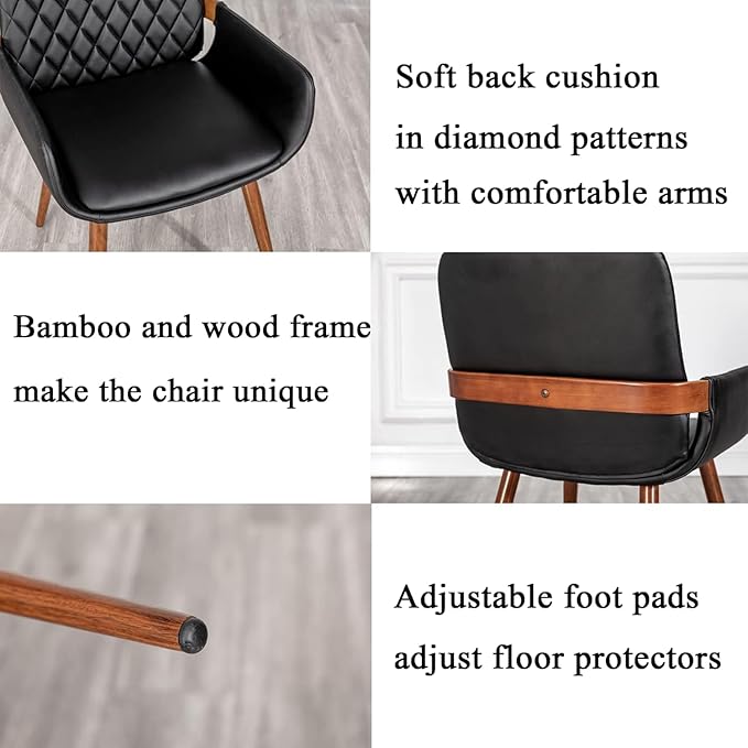 LUNLING Mid Century Modern Faux Leather Dining Room Chairs,Upholstered Seat Metal Legs Chairs Black Faux Leather Kitchen Chair Reception Room Chair,1PCS