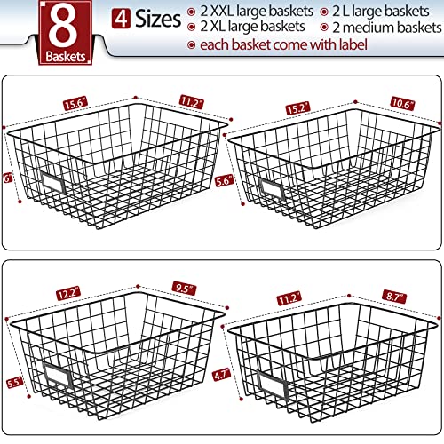 8 Set, Extra Large Wire Baskets for Organizing with Lables, Cabinet Pantry Organization and Storage Bins - Metal Basket for Kitchen, Laundry, Garage, Fridge, Bathroom Countertop Organizer, Black - size: Large-8 Pack