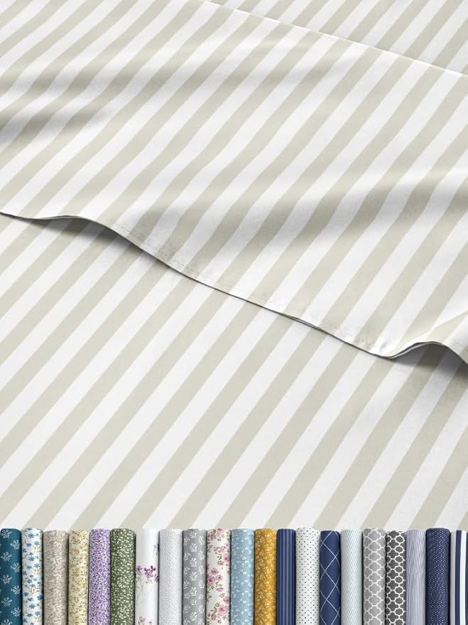 Striped Sheets - Grey Striped Sheets - 1 Flat & 1 Fitted & 2 Pillowcases w/ Deep Pockets – Comfy, Wrinkle & Fade Free - Ultra-Soft, Breathable & Cooling – Luxury Pinstripe Bedding - Queen Size Bed Set