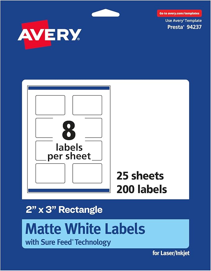 Avery Matte White Rectangle Labels, Sure Feed Technology, 2" x 3", 200 Matte White Printable Labels