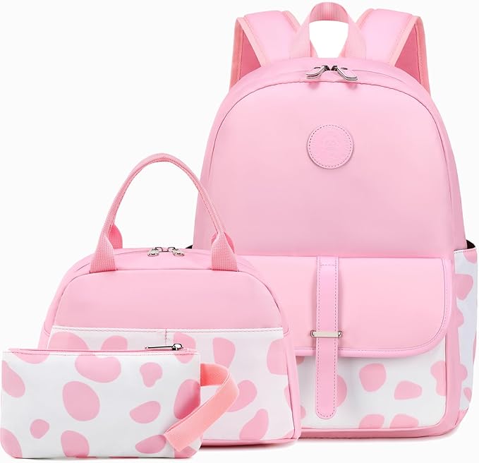 School Backpack for Girls Teens Bookbag with Lunch Box Set Kids Backpack Elementary Middle School Bag Daypack, Pink Cow