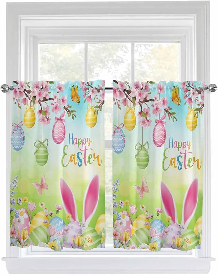 Easter Kitchen Curtains 54 Inches length, Spring Bunny Colorful Rabbit Eggs