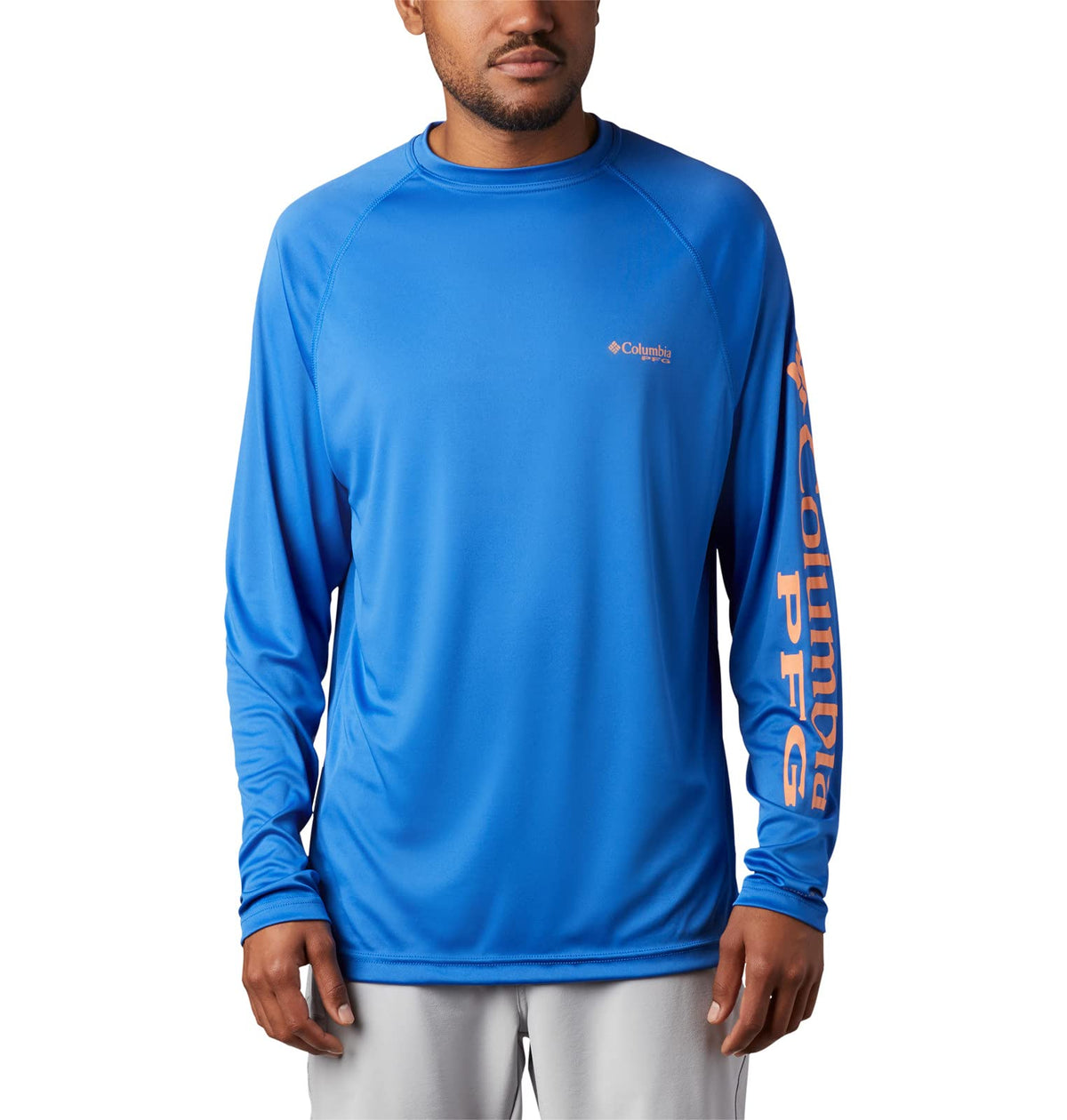 Columbia Men's Terminal Tackle Long Sleeve Fishing Shirt, Vivid Blue/Bright Nectar Logo, X-Small