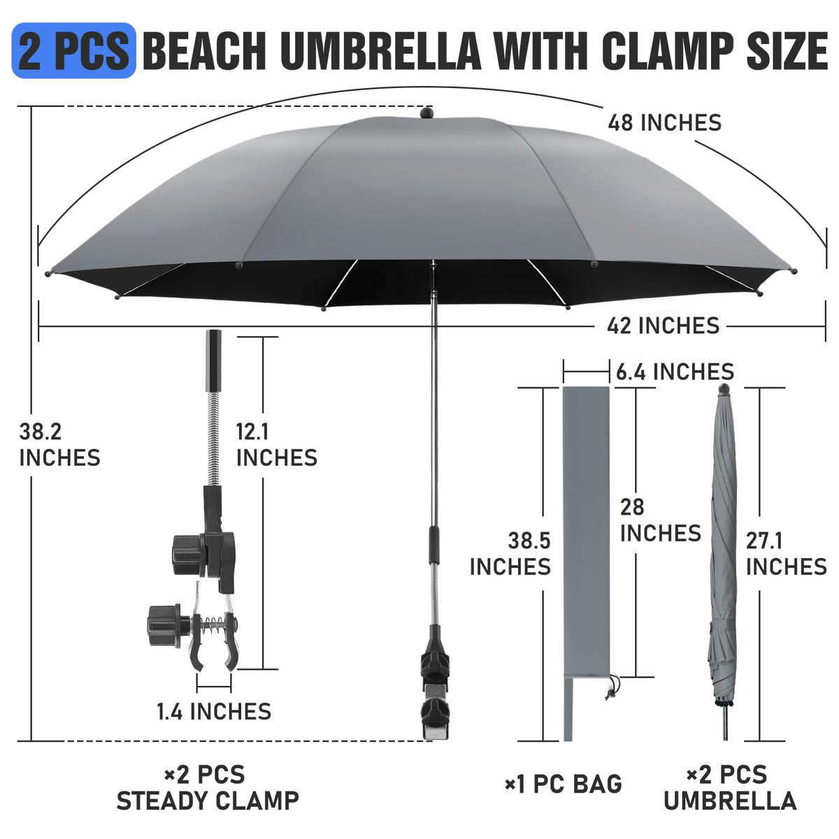 NBtoUS 2 PACK Chair Umbrella with Clamp, 360 ° Adjustable, UPF50+ Sunshade for Beach Chair, Patio Chair, Camping Chair, Golf Carts（Grey, Chair Not Included