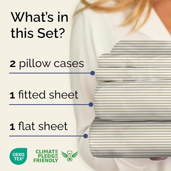 Biege Striped Sheets - Cream Bed Sheet Set - 1 Flat & 1 Fitted & 2 Pillowcases w/ Deep Pockets - Cozy, Wrinkle & Fade Resistant - Soft, Breathable, Cooling - Luxury Pinstripe Bedding - Full Size