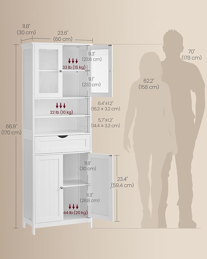 VASAGLE Storage Cabinet, Freestanding Storage Unit with Adjustable Shelves, Drawer, Open Compartments, for Bathroom, Living Room, Kitchen, Cloud White UBBC768WH01S