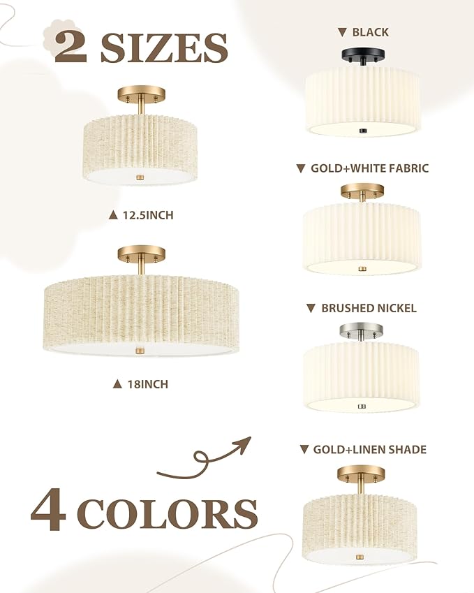 Semi Flush Mount Ceiling Lights, 4-Light 18" Gold Light Fixtures Ceiling Mount with Pleated Linen Fabric Shade, Drum Lighting Fixture for Nursery Hallway Bedroom Kitchen, AD-25036-4SF-GD-B